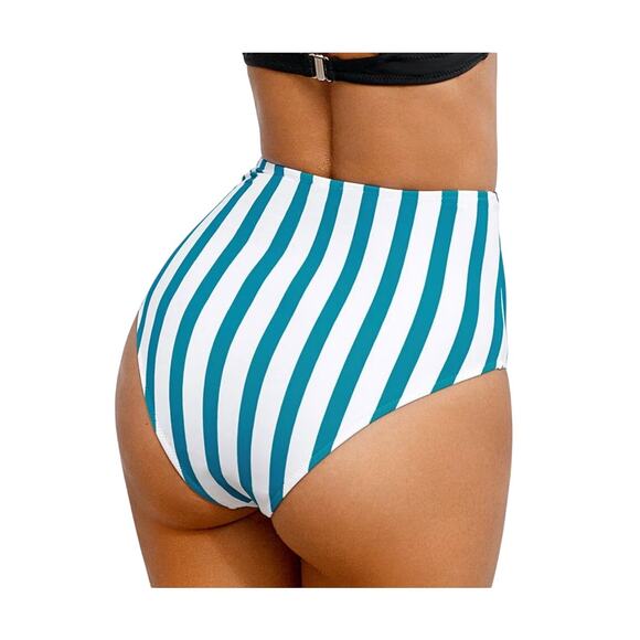 Cupshe Blue and White Stripe High-Waisted Bikini Bottom Medium Swimwear New - Picture 4 of 5